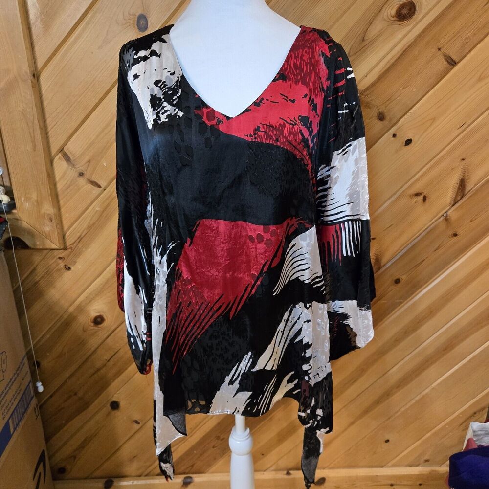 Simply Silk Sz S/M Artsy Blue Green Black Burnout Pullover Top Blouse Vented Slv